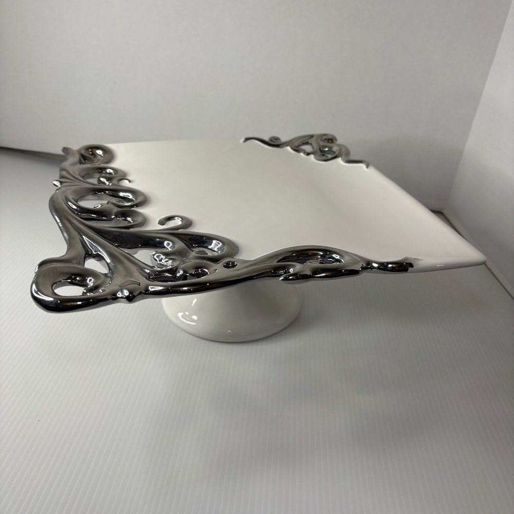 PTS Int. 222 Fifth Pedestal Square Cake Stand Silver/Metallic Filagree RARE